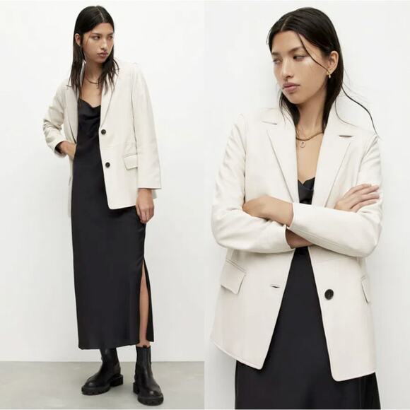 NWT! Allsaints Womans 12 Corinna Lamb LEATHER Blazer 2 Button Jacket Ecru White - Picture 1 of 15